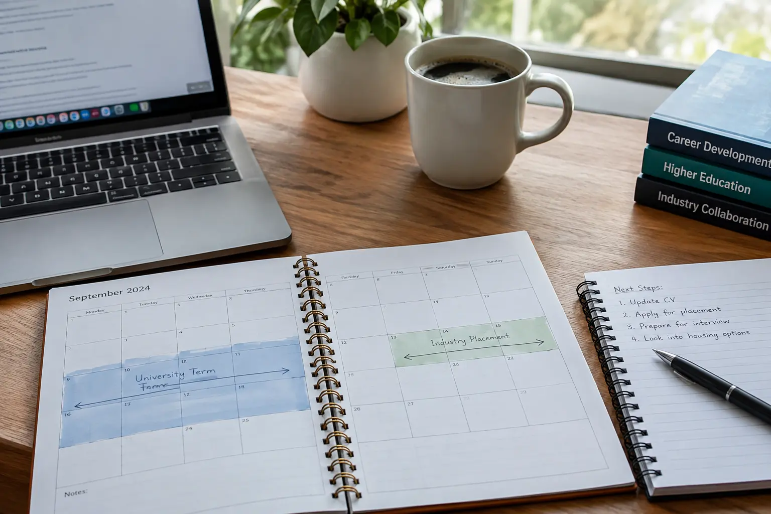 A calendar planner showing a university term marked alongside an industry placement block