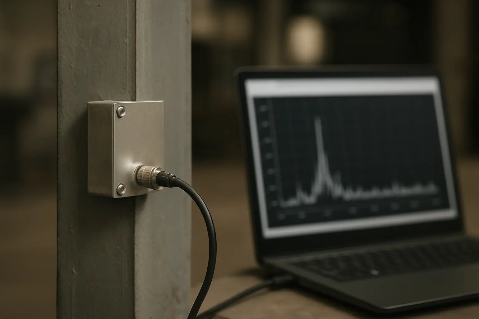 Vibration sensor on a structural beam with a laptop showing a frequency spectrum plot
