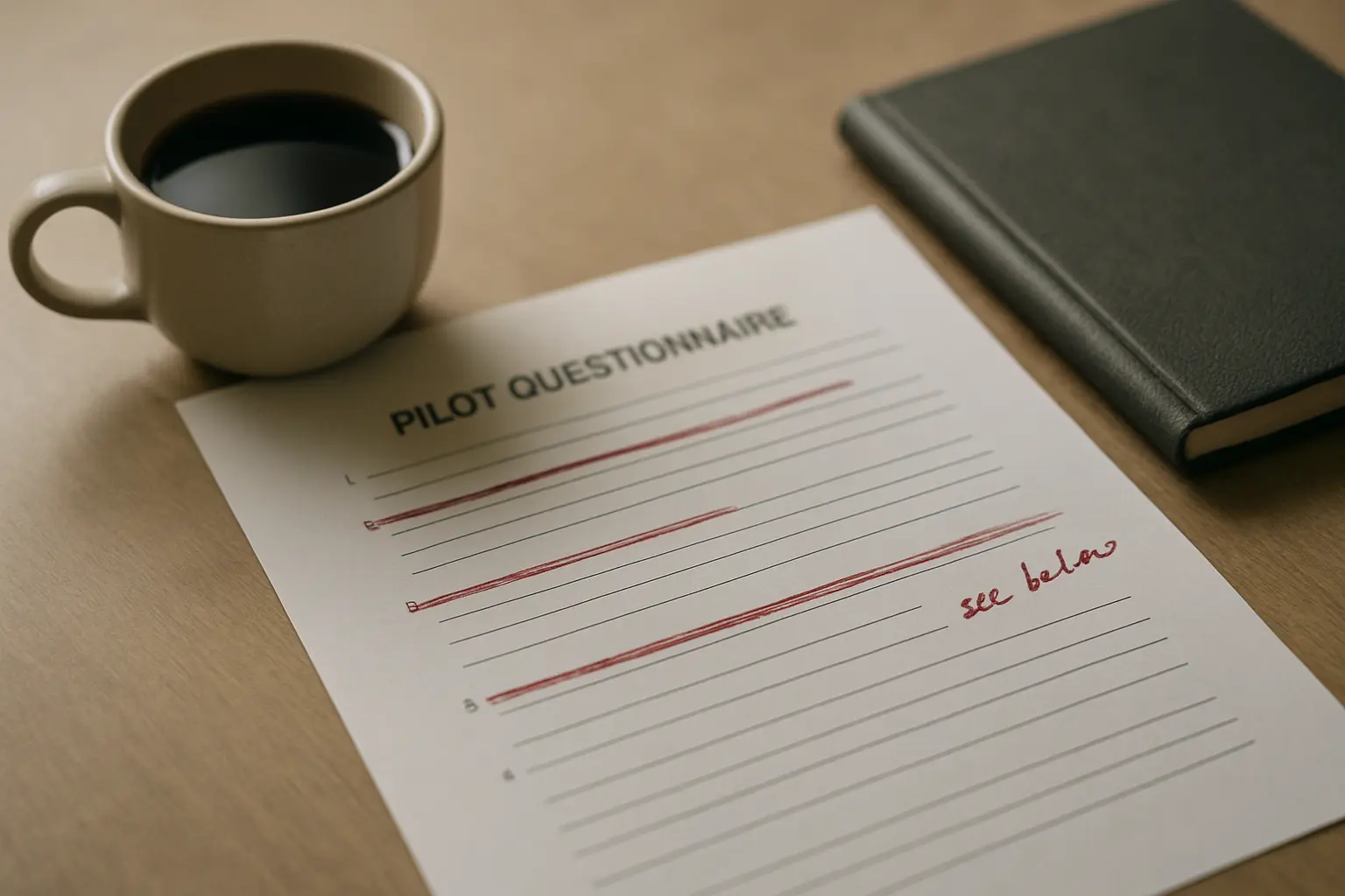 A pilot questionnaire marked in red pen with two questions struck through and a margin comment