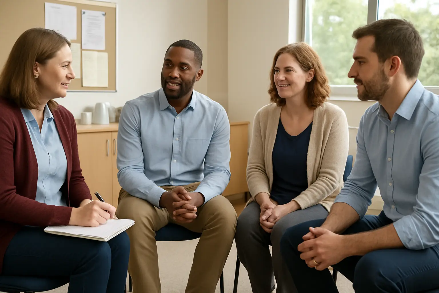 A facilitator runs a small focus group with teachers seated in a circle in a school staff room