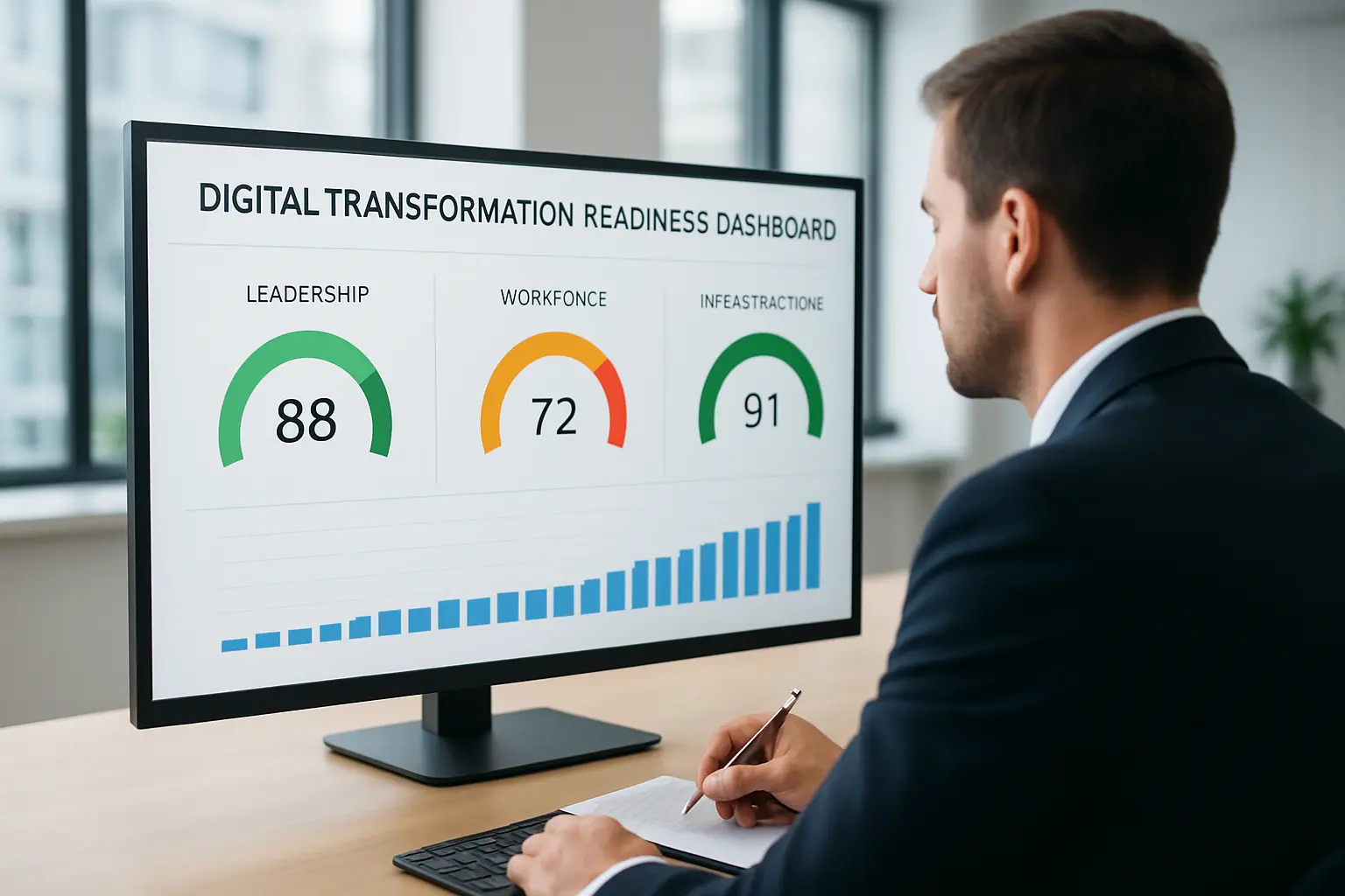 A manager reviews a digital transformation readiness dashboard scoring leadership, workforce and infrastructure