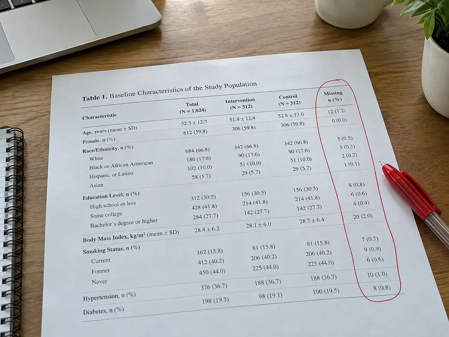 A printed baseline characteristics table with a red pen marking a missing-data column