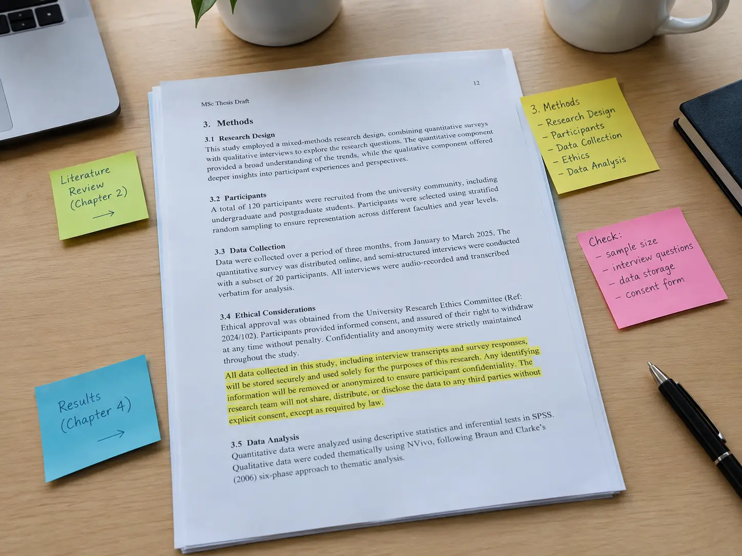 A printed thesis methods chapter with a highlighted confidentiality clause and sticky notes marking sections