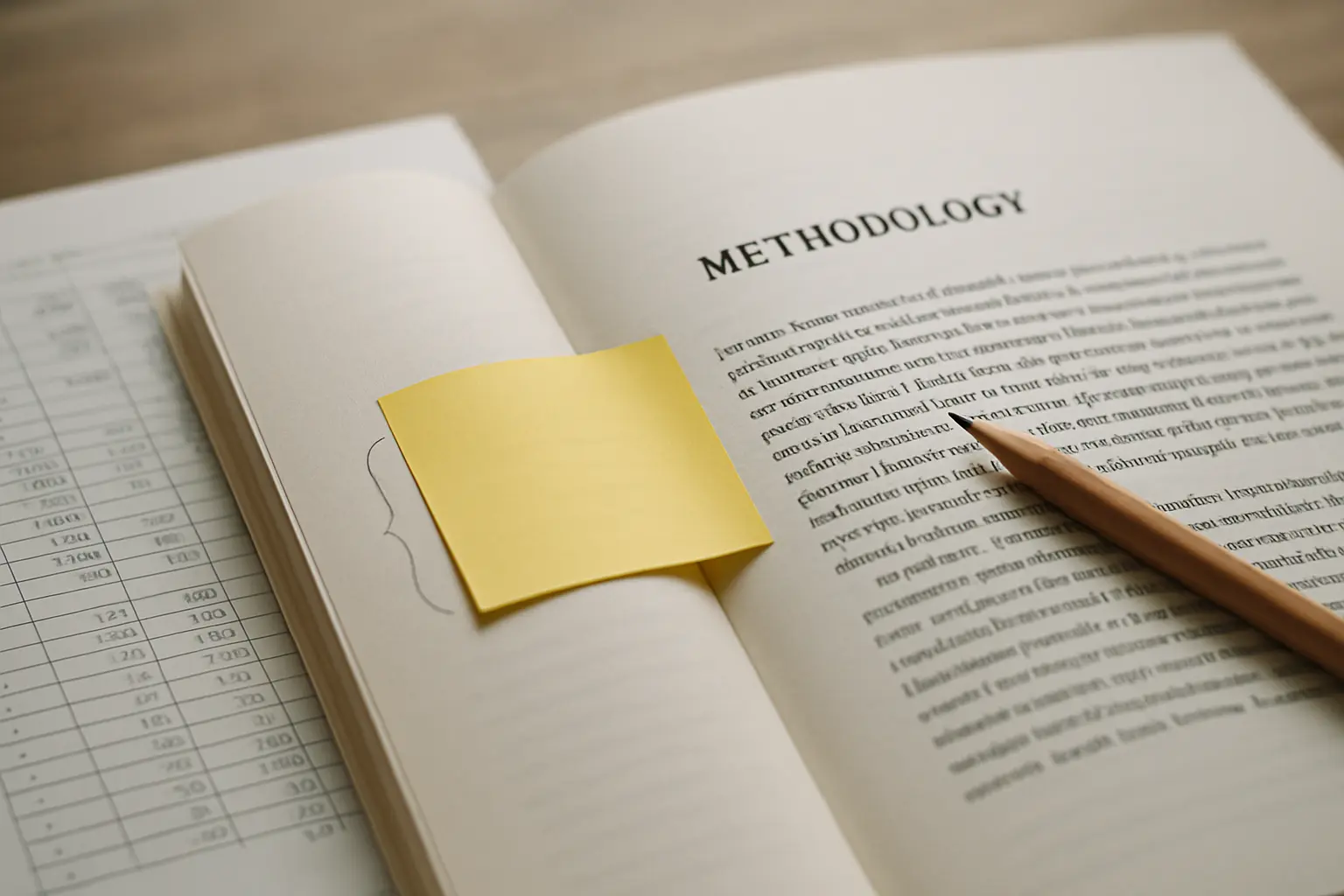 A methodology chapter draft with one paragraph bracketed in pencil above a printed participant count sheet
