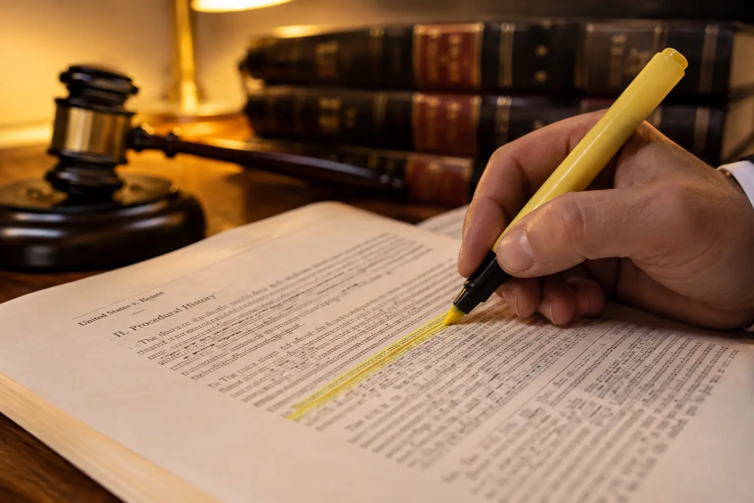 A hand highlighting a passage in a printed law report at a desk with law books nearby
