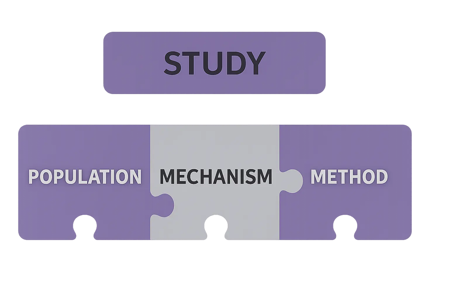 Diagram showing the three building blocks of a psychology PhD thesis title: population, mechanism and method