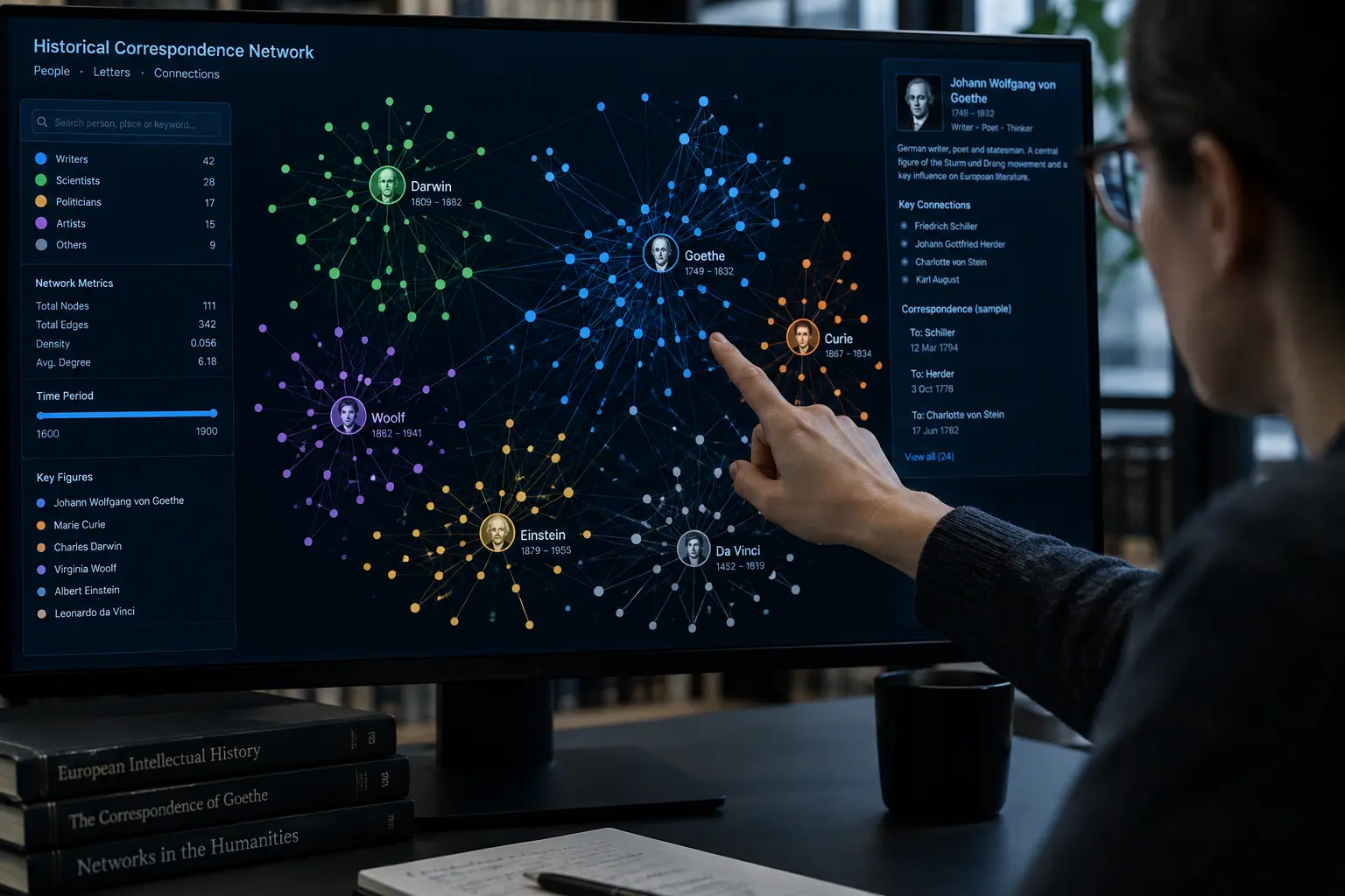 Network graph visualisation showing interconnected historical figures for a digital humanities network analysis