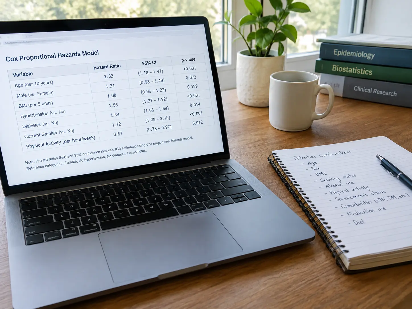 A laptop showing hazard ratios and confidence intervals beside a notebook with a handwritten confounder list