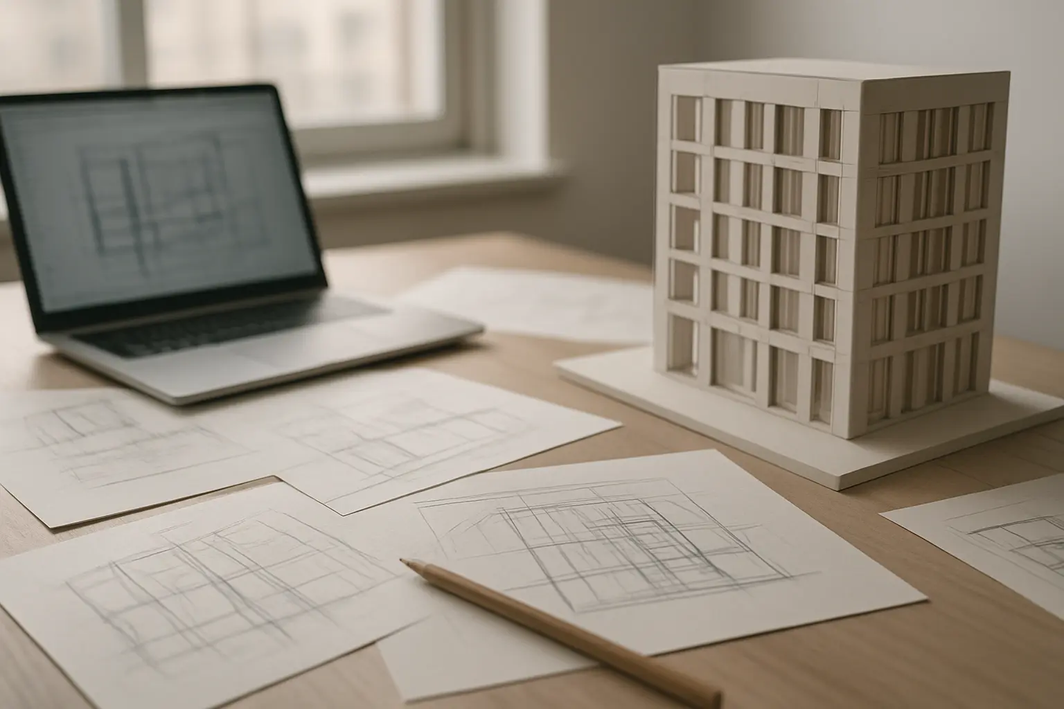 Architecture studio desk with sketches, a scale model and CAD drawings for a design-led PhD