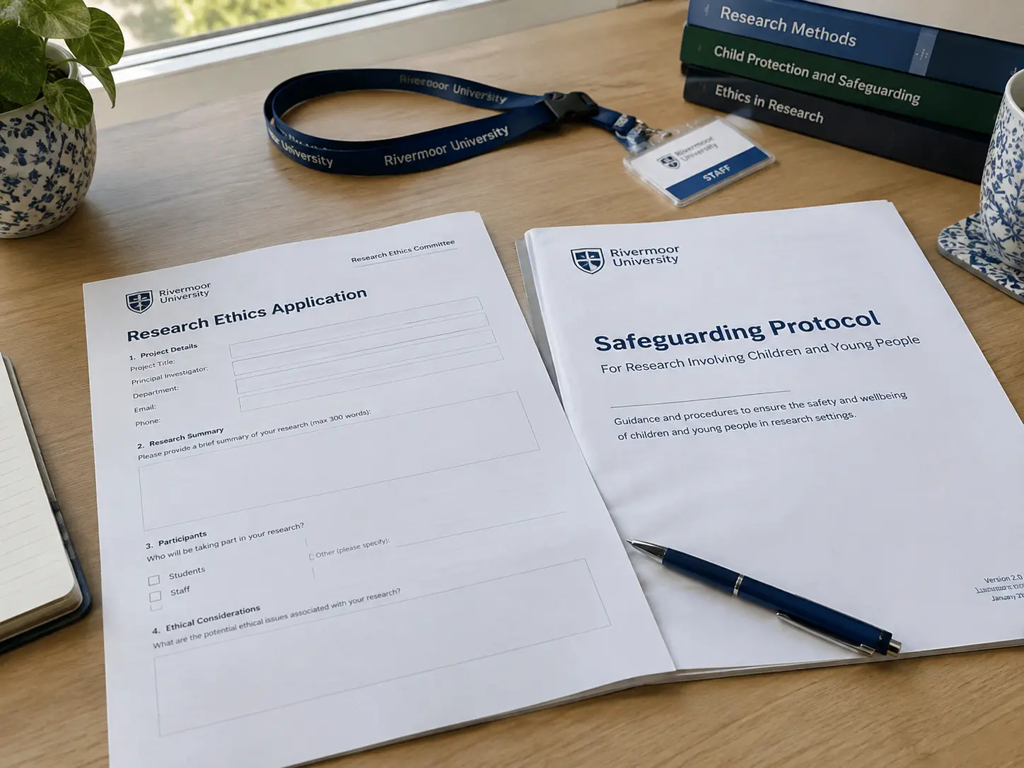 A research ethics application and safeguarding protocol document laid out on a desk beside a school lanyard