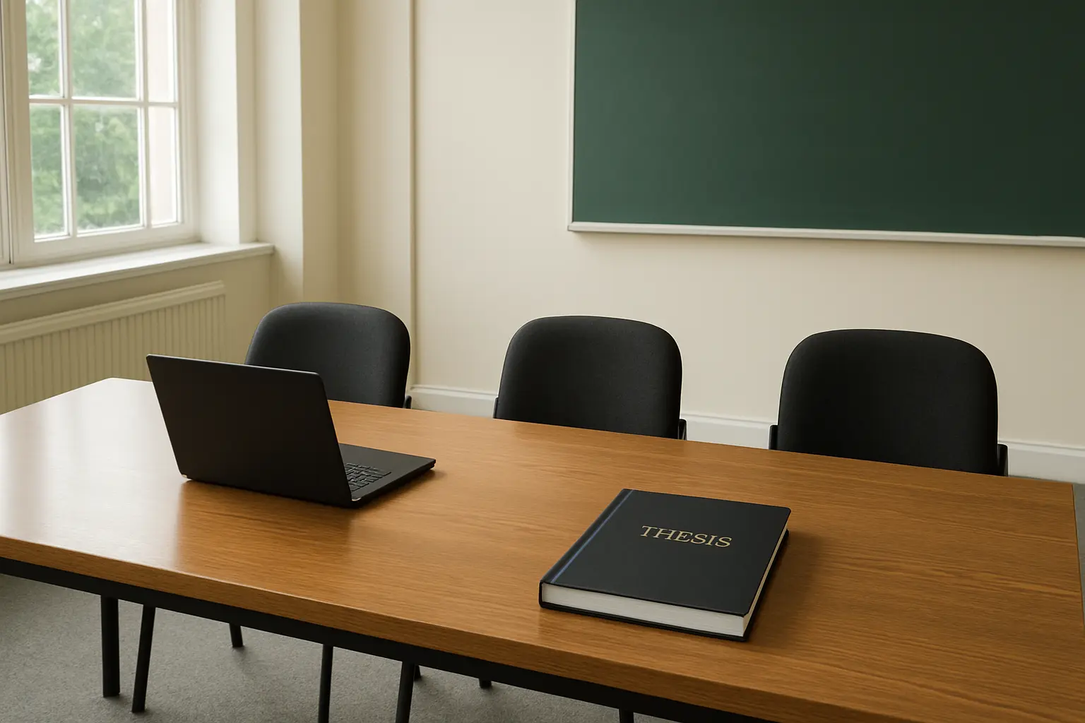 A university seminar room set up for a PhD viva voce examination