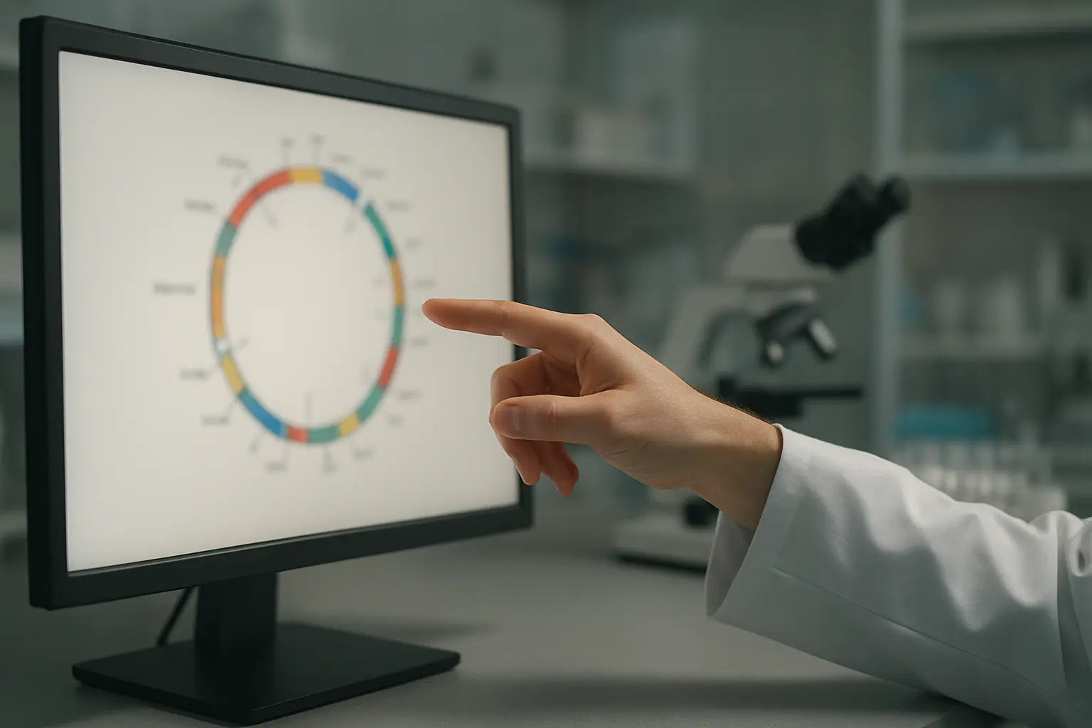 Researcher reviewing a plasmid map on screen for cloning design verification