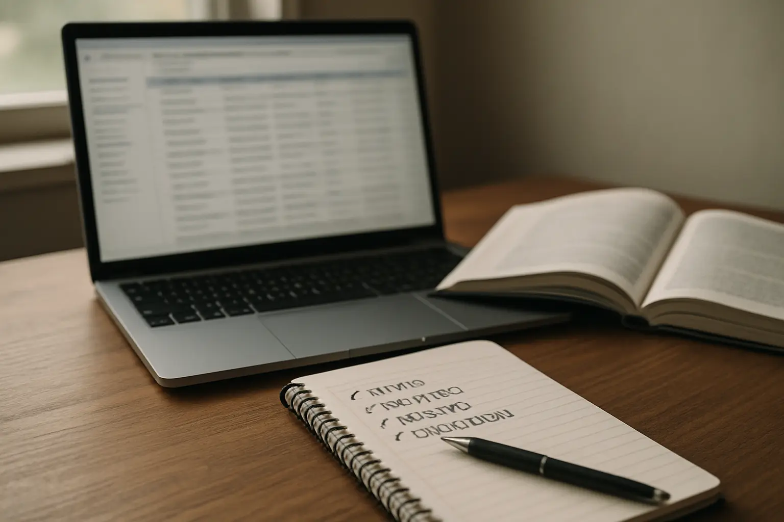 A laptop showing a large reference manager library beside a printed citation style manual