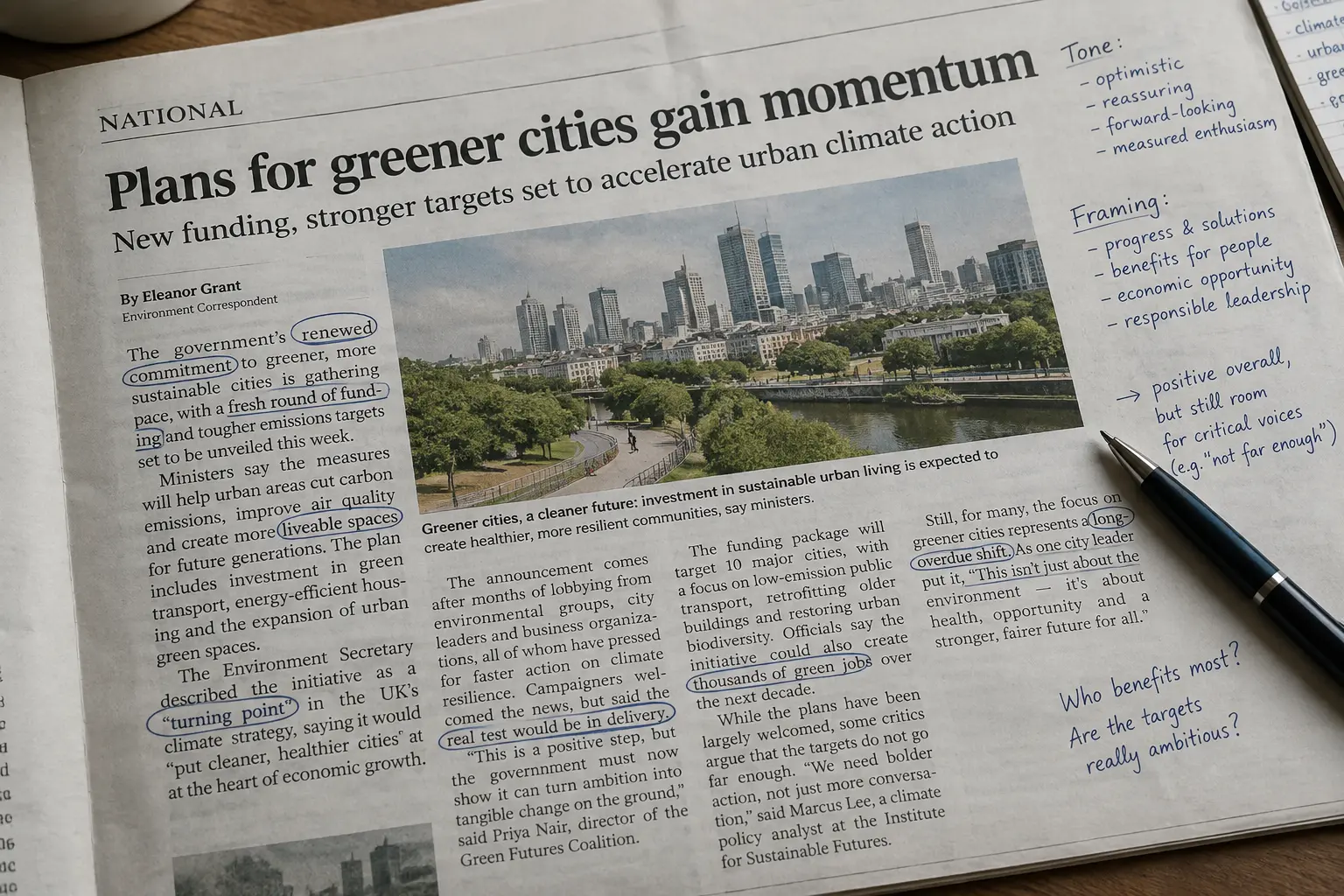 Newspaper article with circled phrases and margin notes representing discourse analysis of media text