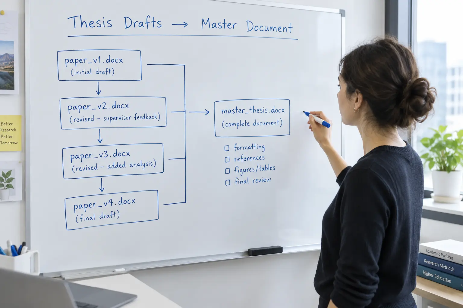 Whiteboard flowchart showing version control connecting revised paper drafts to a master thesis document
