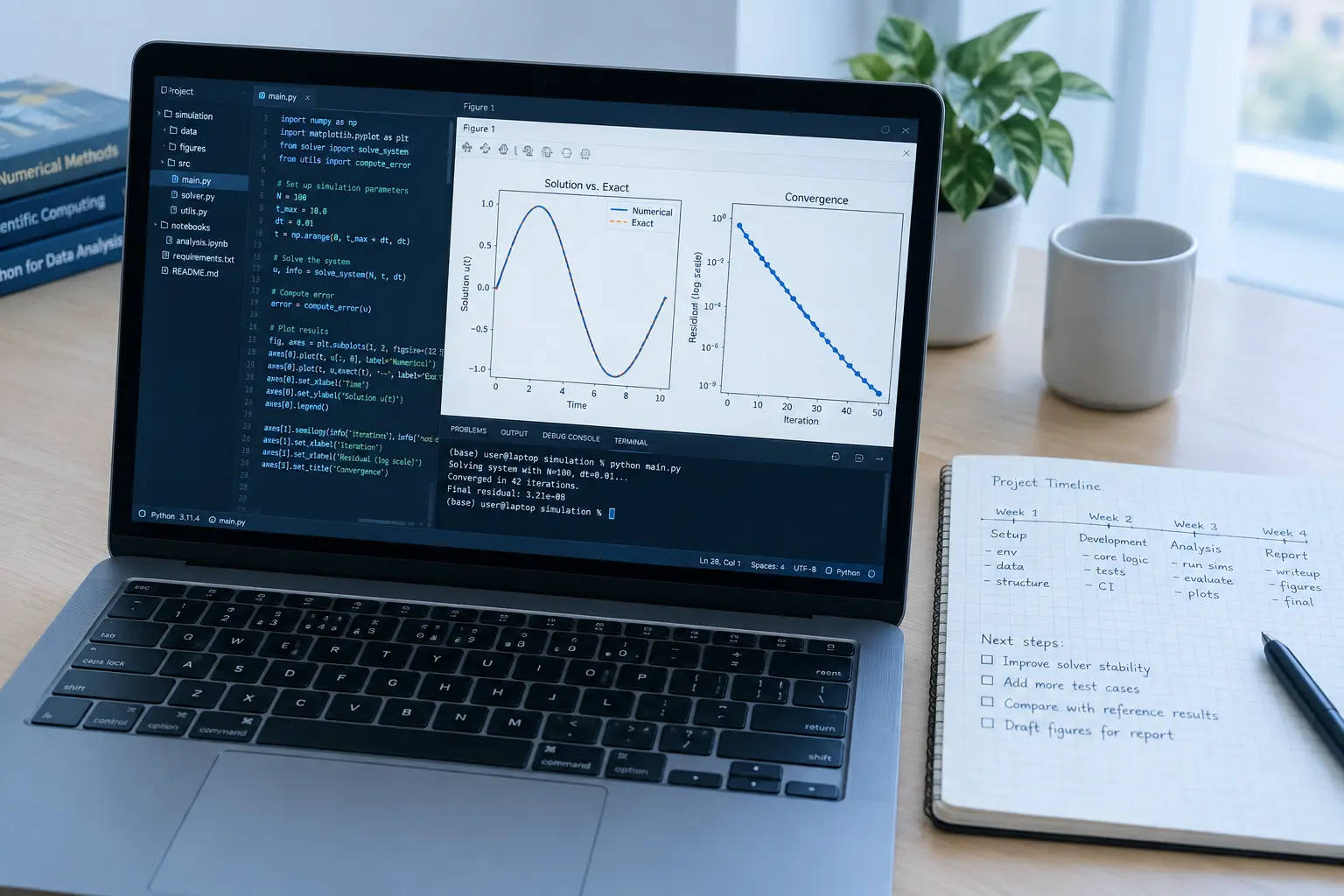 Laptop showing numerical simulation convergence plots for a computational maths PhD project