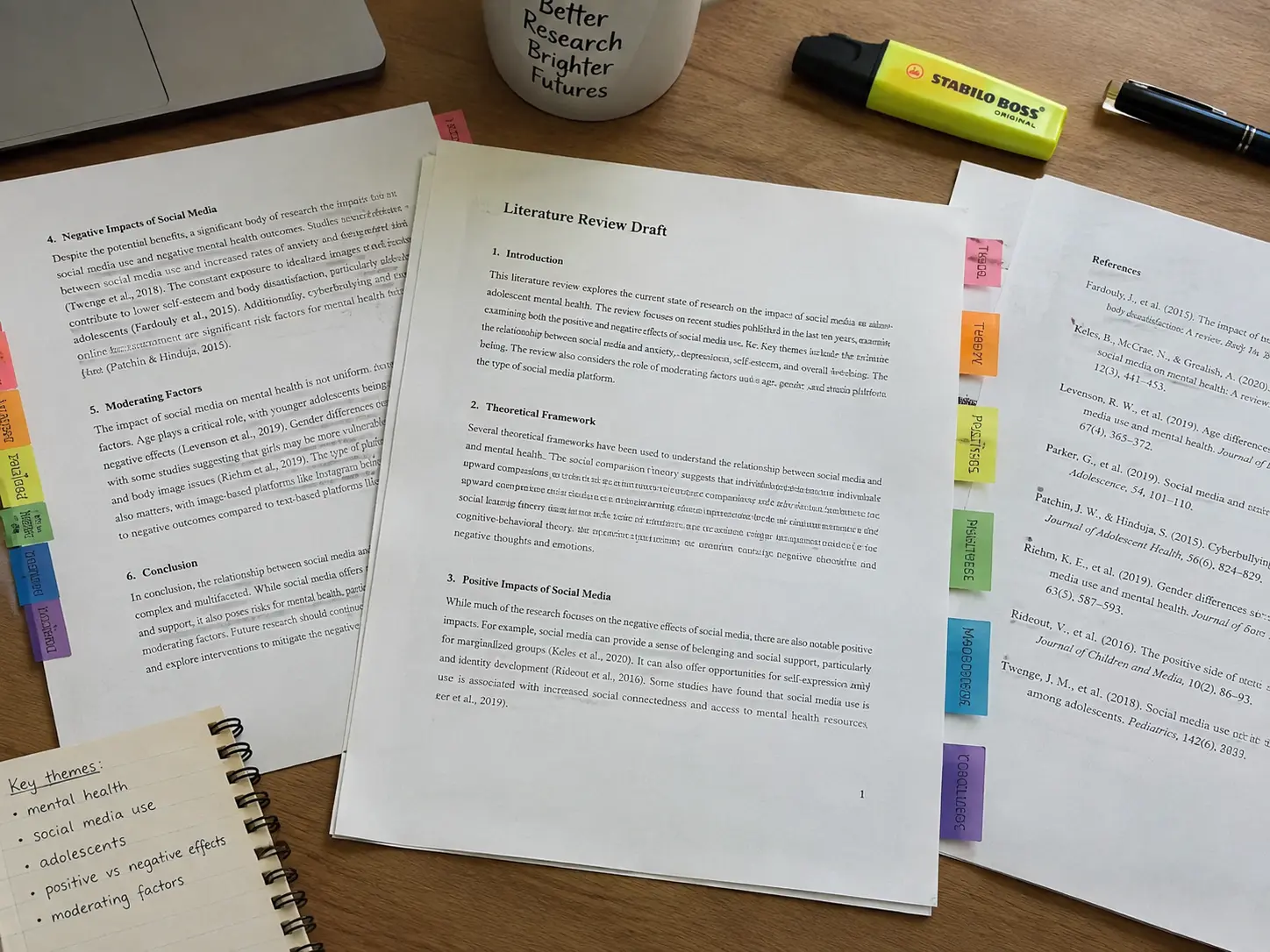 A printed literature review draft with coloured sticky tabs marking themes across the pages