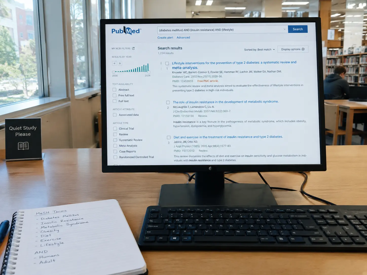 A monitor showing a biomedical search results list beside a notebook of MeSH search terms