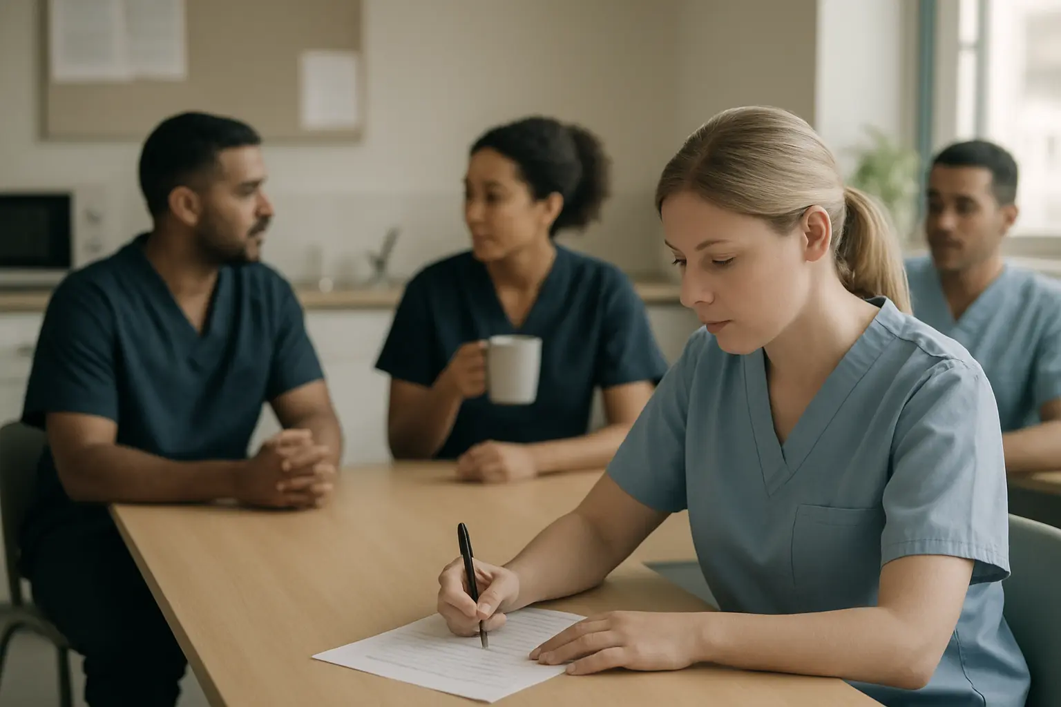 NHS staff member completing a paper wellbeing questionnaire in a workplace study