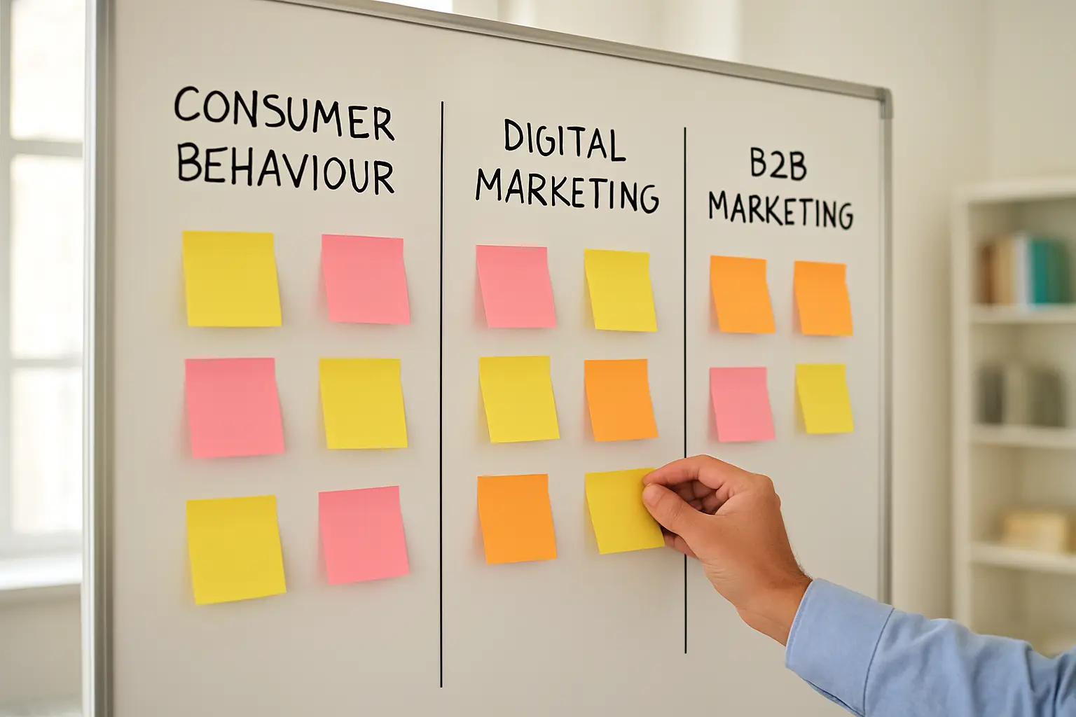 A whiteboard comparing aims and objectives across three marketing PhD sub-fields