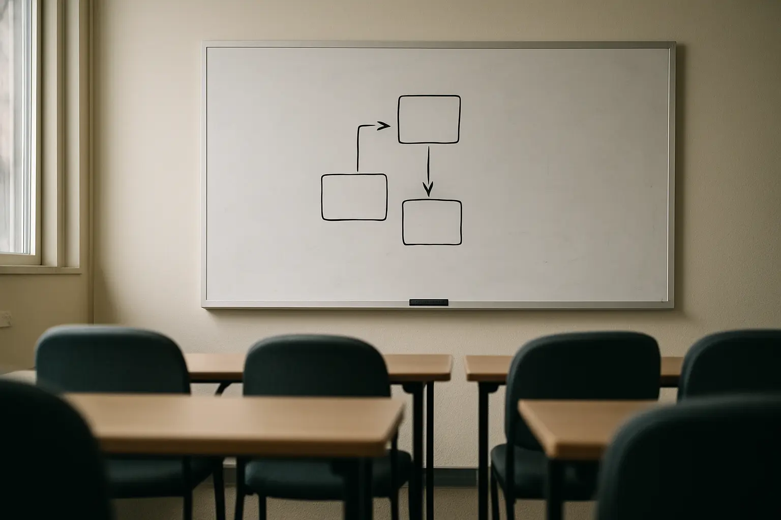 A seminar room whiteboard with three linked boxes drawn by hand and a marker on the ledge