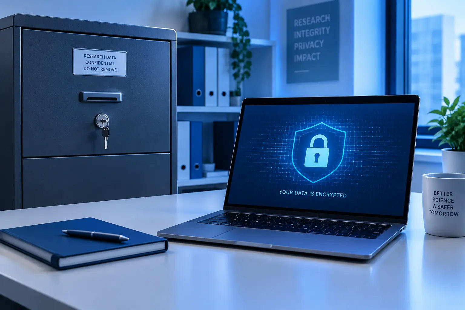 Secure locked storage and encrypted laptop representing data protection for sensitive research data