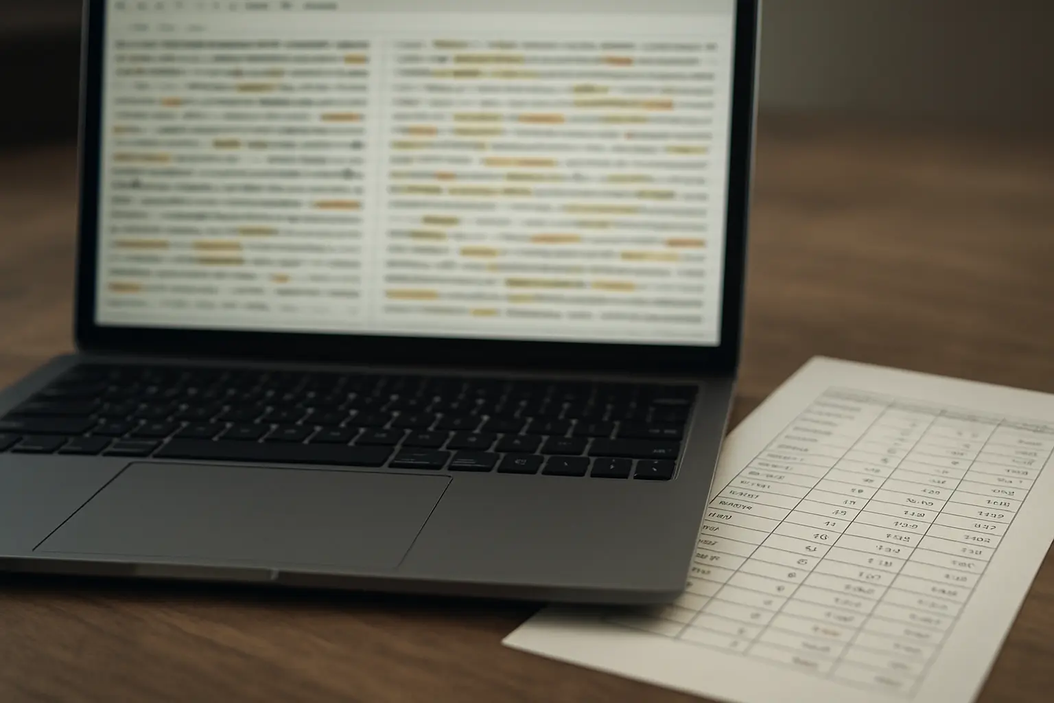 Laptop showing a corpus concordance interface with a printed frequency table for linguistics research