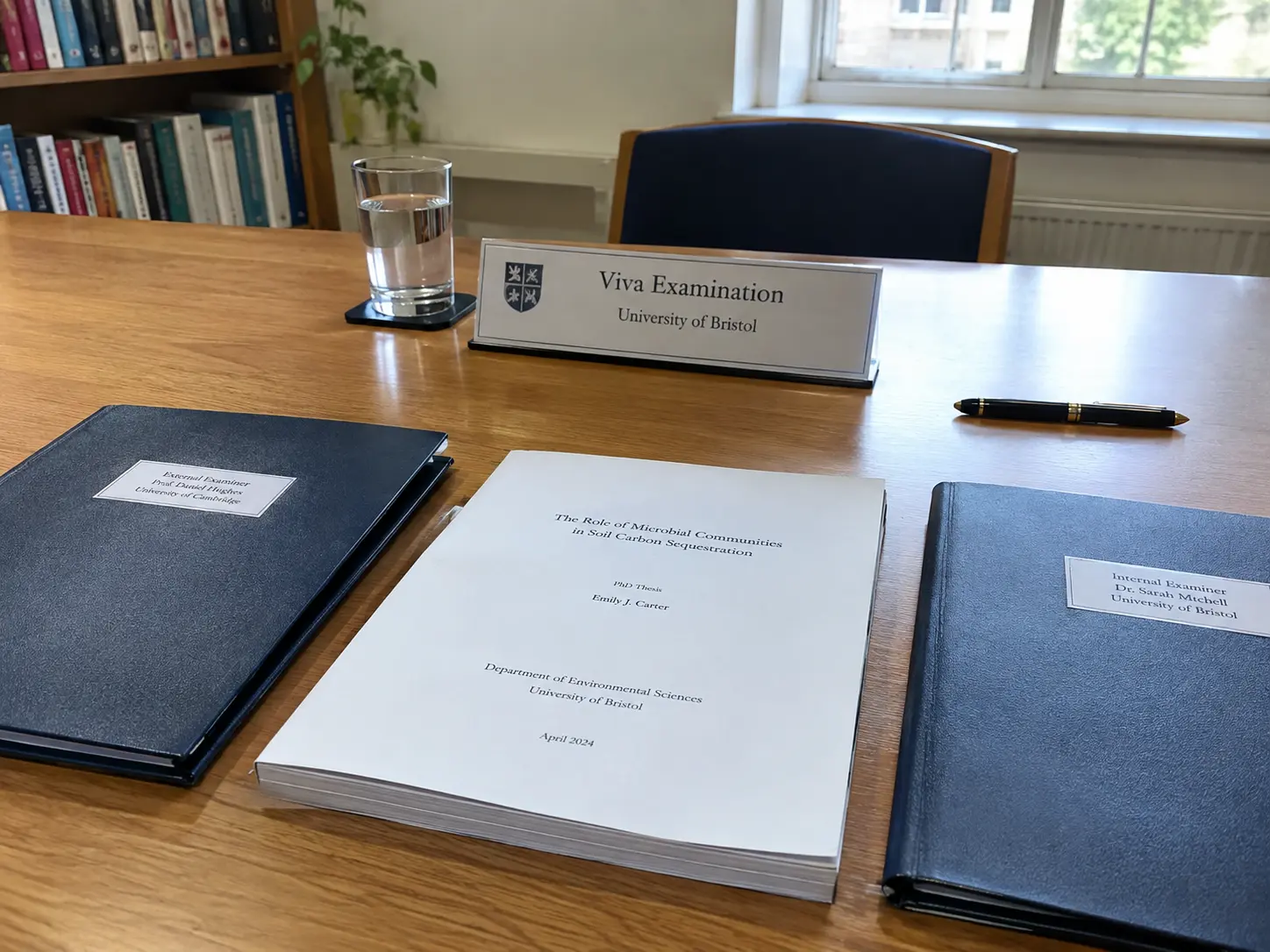 A viva examination table set with examiners' folders and a printed PhD thesis