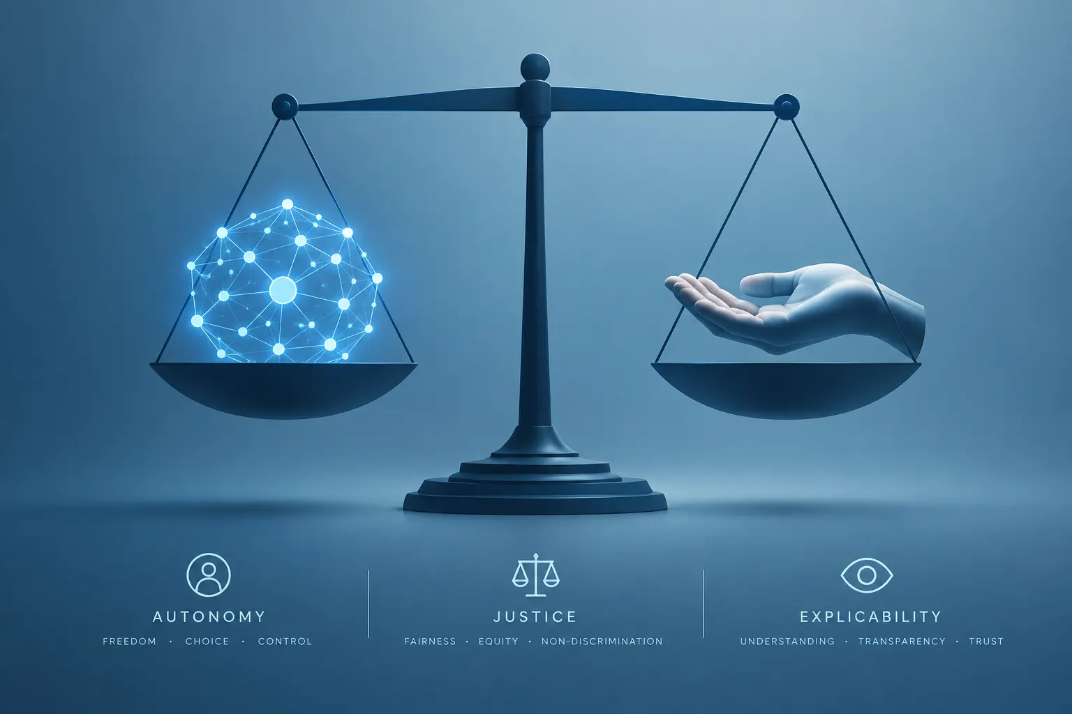 Balance scale weighing AI against human values, symbolising ethical principles in AI governance