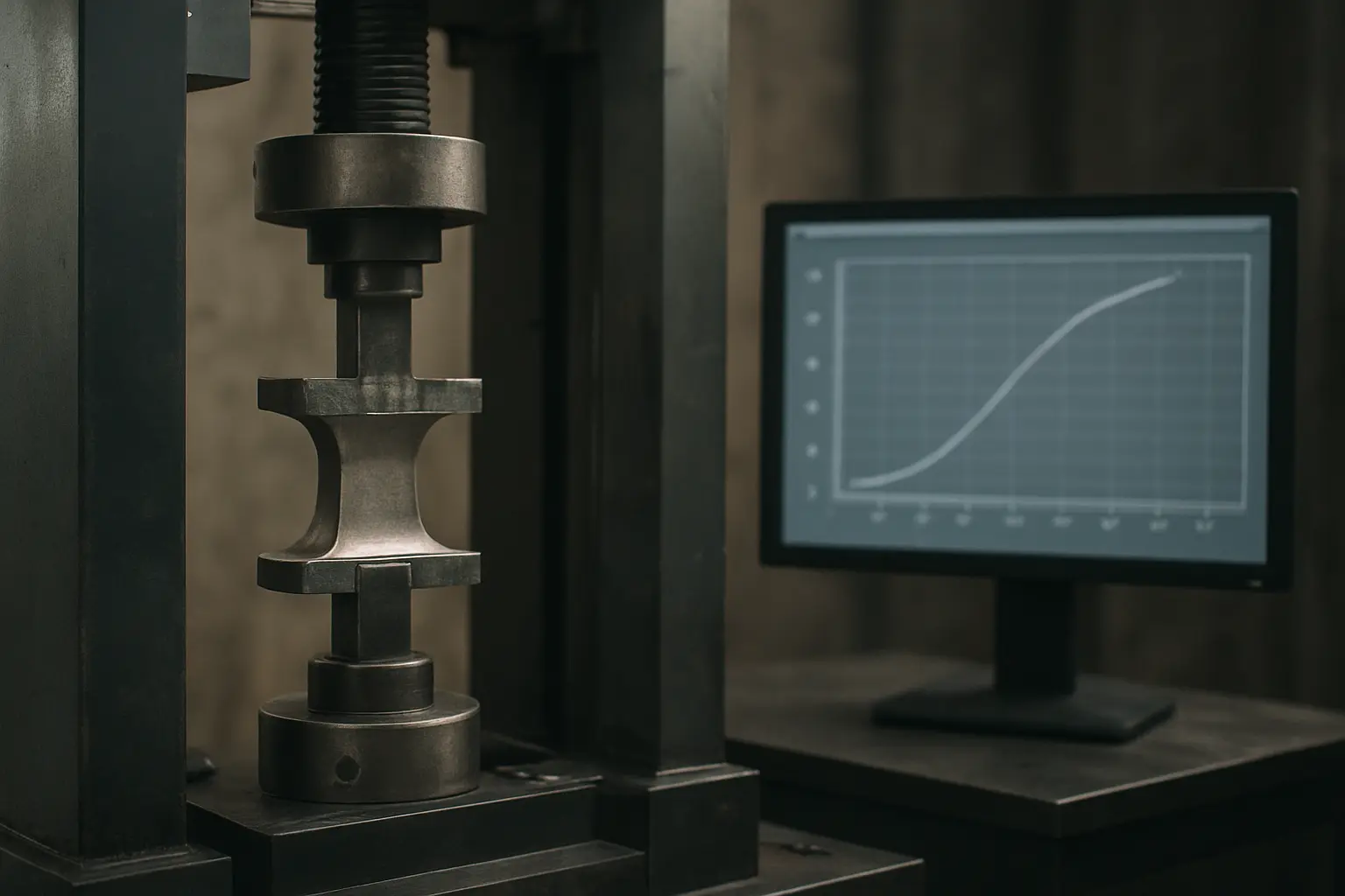 Fatigue testing rig with a monitor showing a Weibull probability plot for a component
