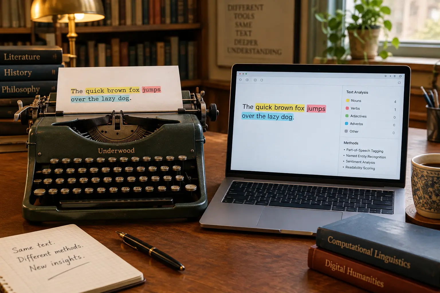 A typewriter and laptop showing the same highlighted sentence, symbolising a text analysed by different methods
