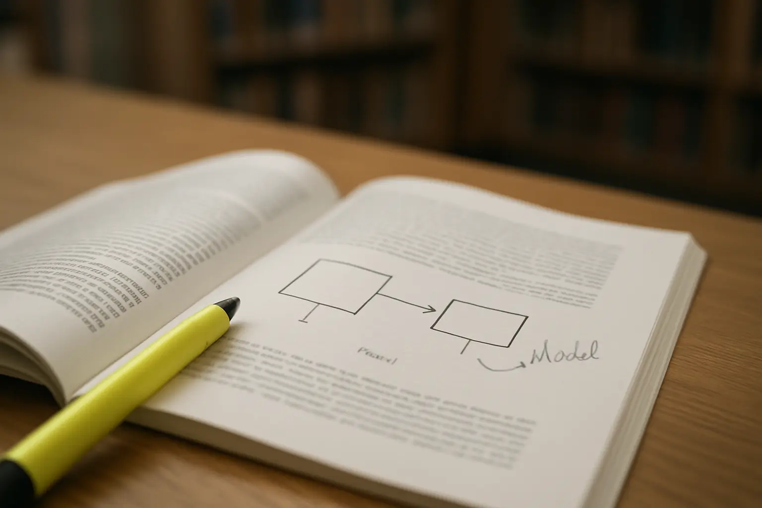 A printed paper open at a box-and-arrow model figure with a pencilled annotation in the margin