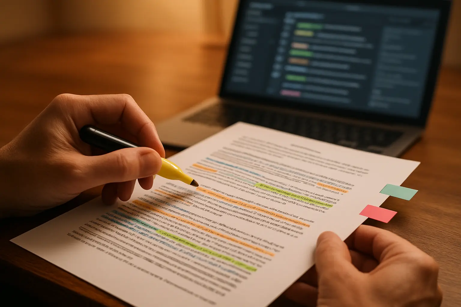 A researcher colour-codes a transcript excerpt as part of qualitative analysis for a nursing thesis
