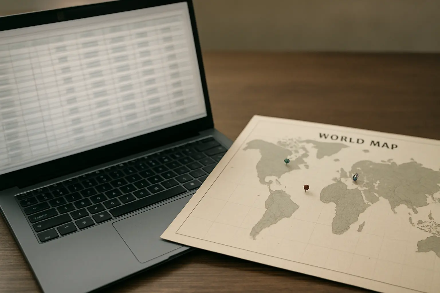Laptop showing a country-year panel dataset spreadsheet beside an annotated world map