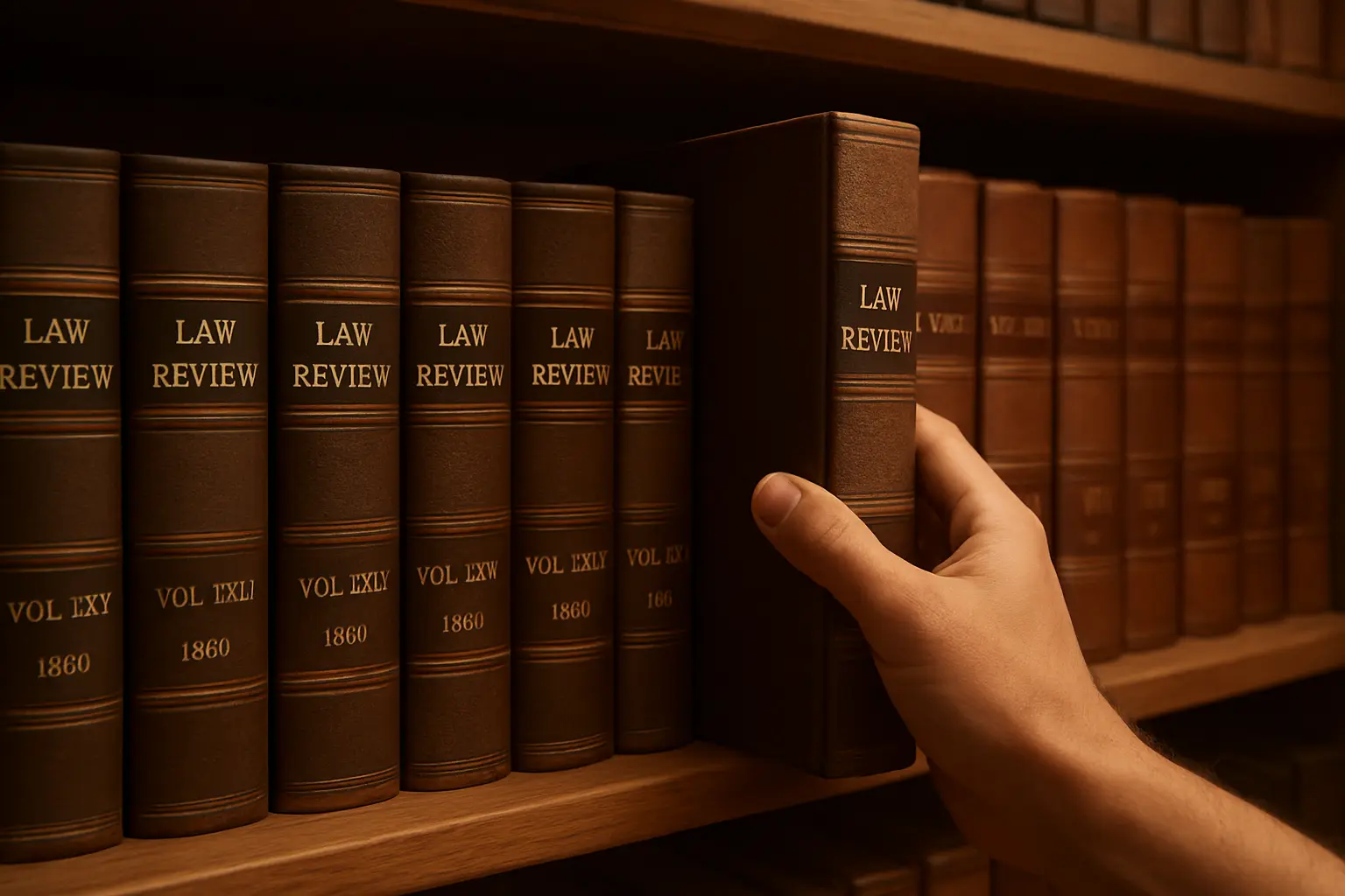 Bound historical law review volumes on a library shelf, representing archival legal research depth