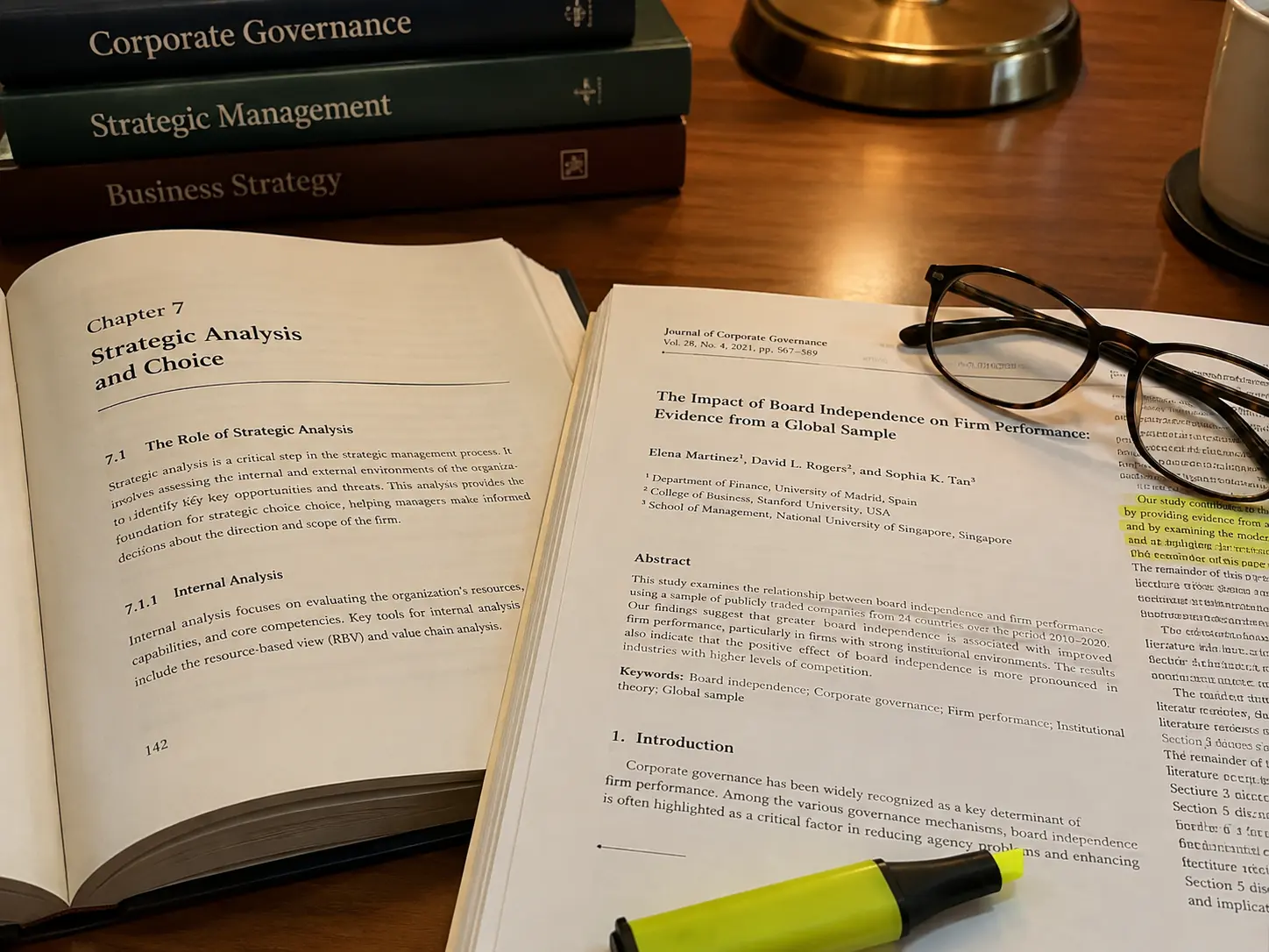 A strategic management textbook and a governance journal article open on a desk with a highlighter
