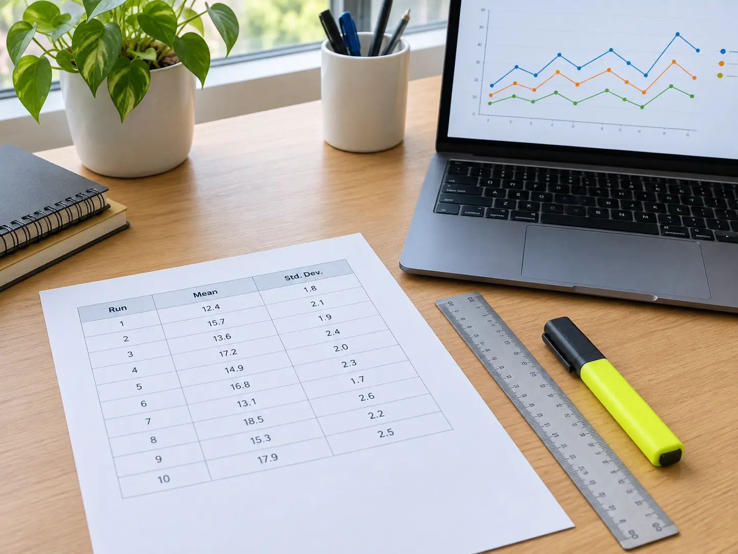 A printed results table of experiment runs with a highlighter beside a laptop showing a line chart