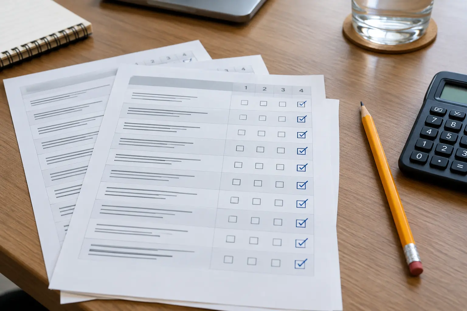 Printed expert rating sheets with ticked relevance scales beside a pencil and calculator