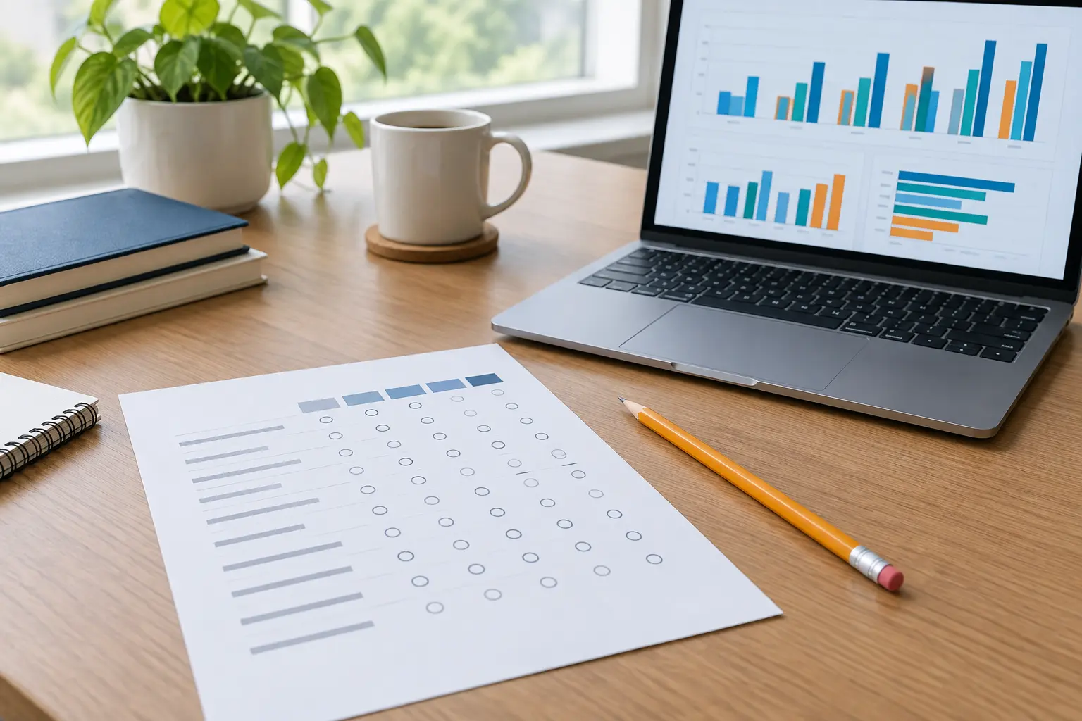 A printed rating questionnaire and a laptop showing bar charts on a researcher's desk