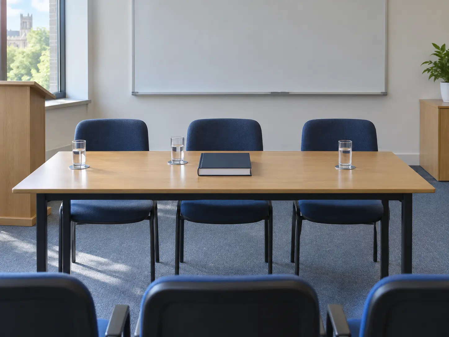 An empty seminar room set for a viva with a table, three chairs and a closed thesis in the centre