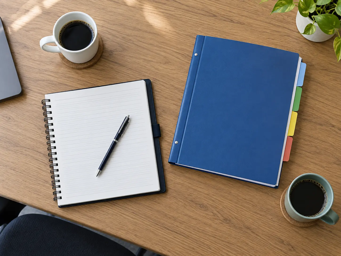 A table with a notebook, a research governance folder and two coffee cups seen from above