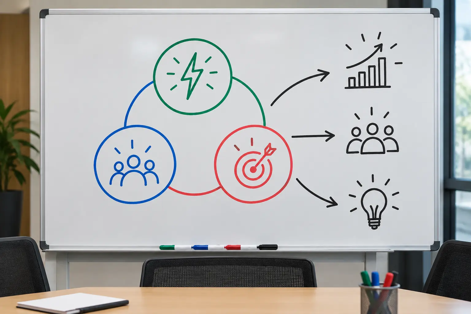 A whiteboard concept map with three connected circles and arrows to outcomes in a seminar room