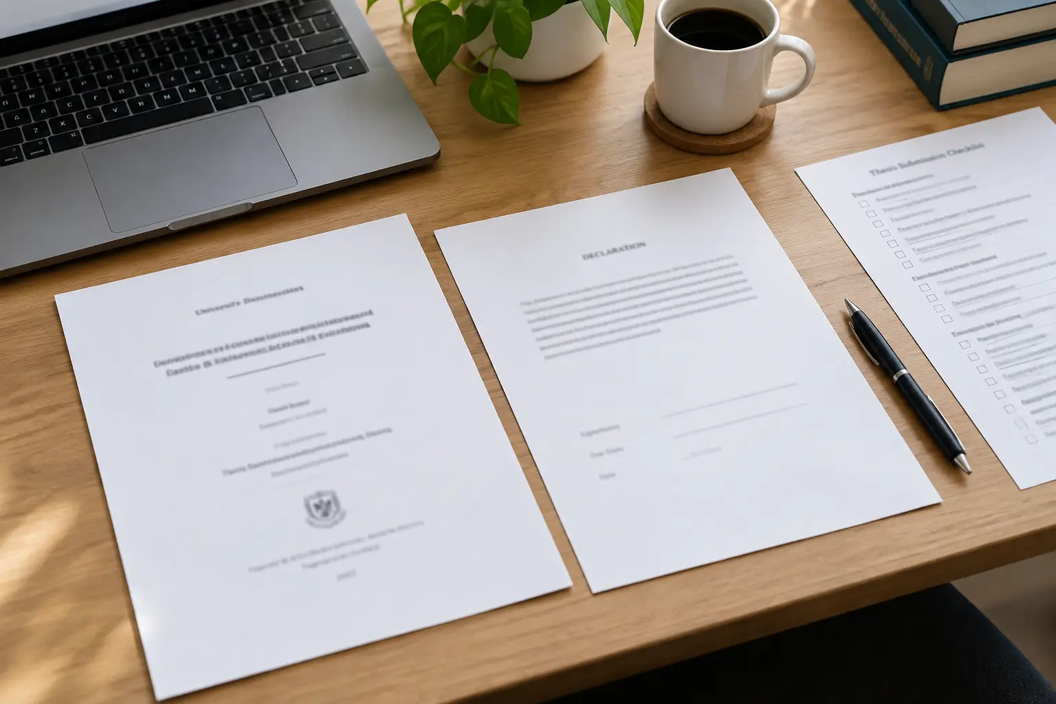 A thesis title page and declaration page on a desk next to a laptop, a pen and a printed checklist
