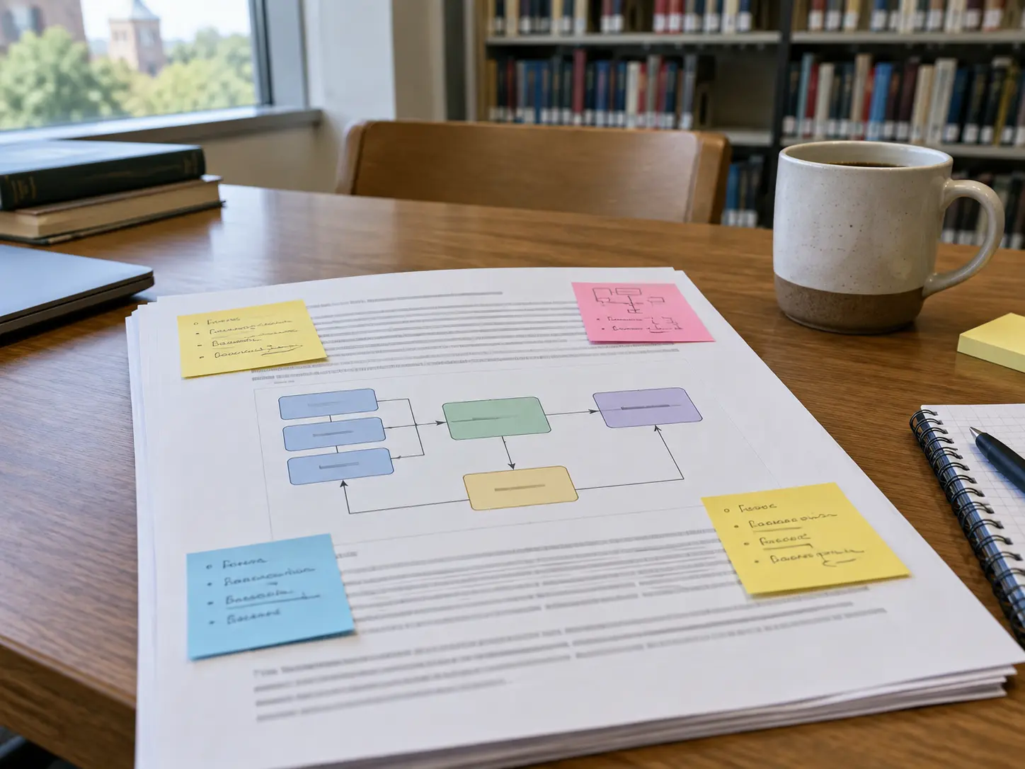 A printed PhD chapter draft with a boxes-and-arrows model and sticky notes on a library desk