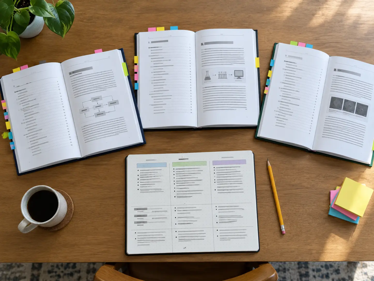 Three open PhD theses on a table with sticky tabs marking contents pages and methods chapters