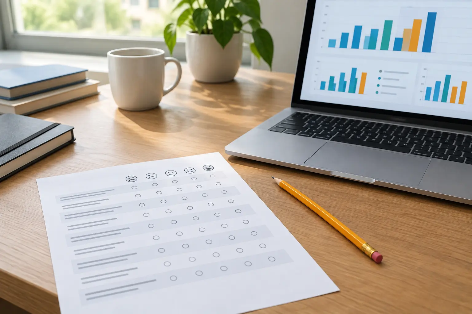 A printed rating questionnaire and a laptop showing bar charts on a researcher's desk