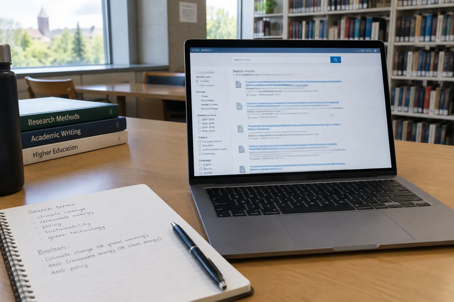 A laptop showing thesis search results beside a notebook of search terms on a library desk