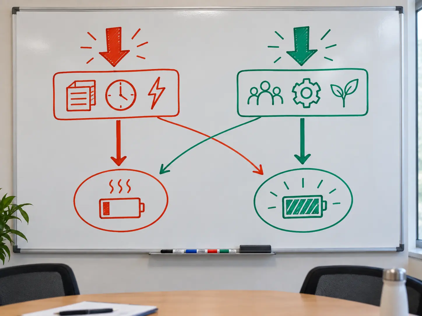 A whiteboard diagram of job demands and job resources feeding into exhaustion and engagement