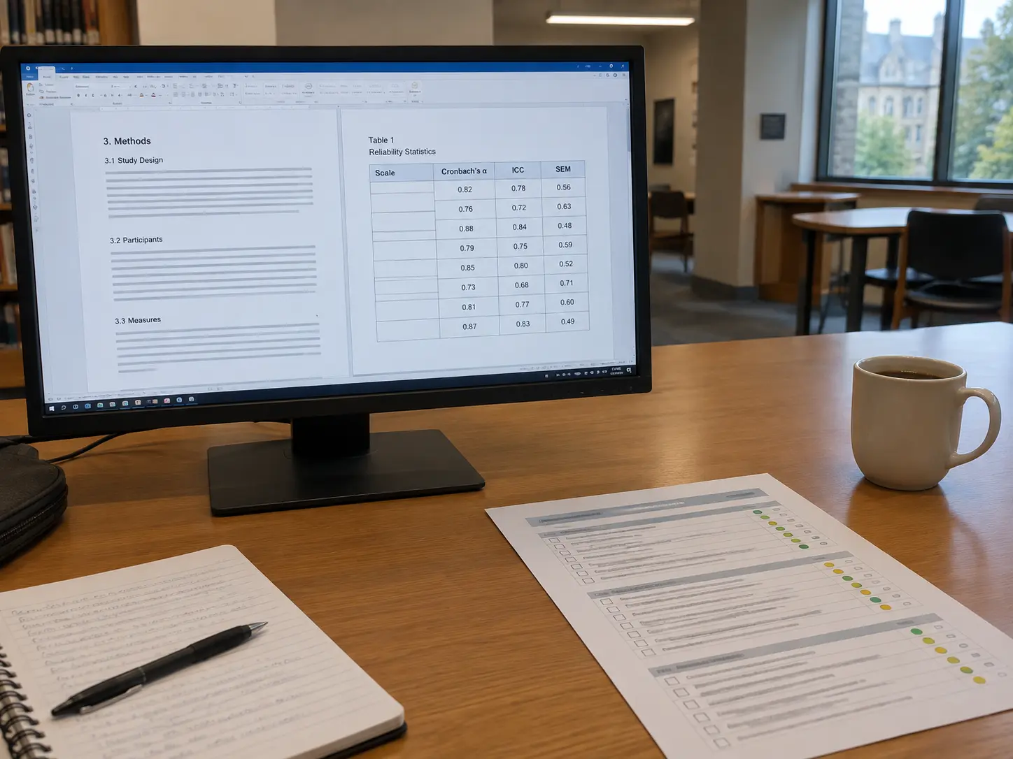 A methods chapter draft on a monitor beside a printed checklist of measurement properties