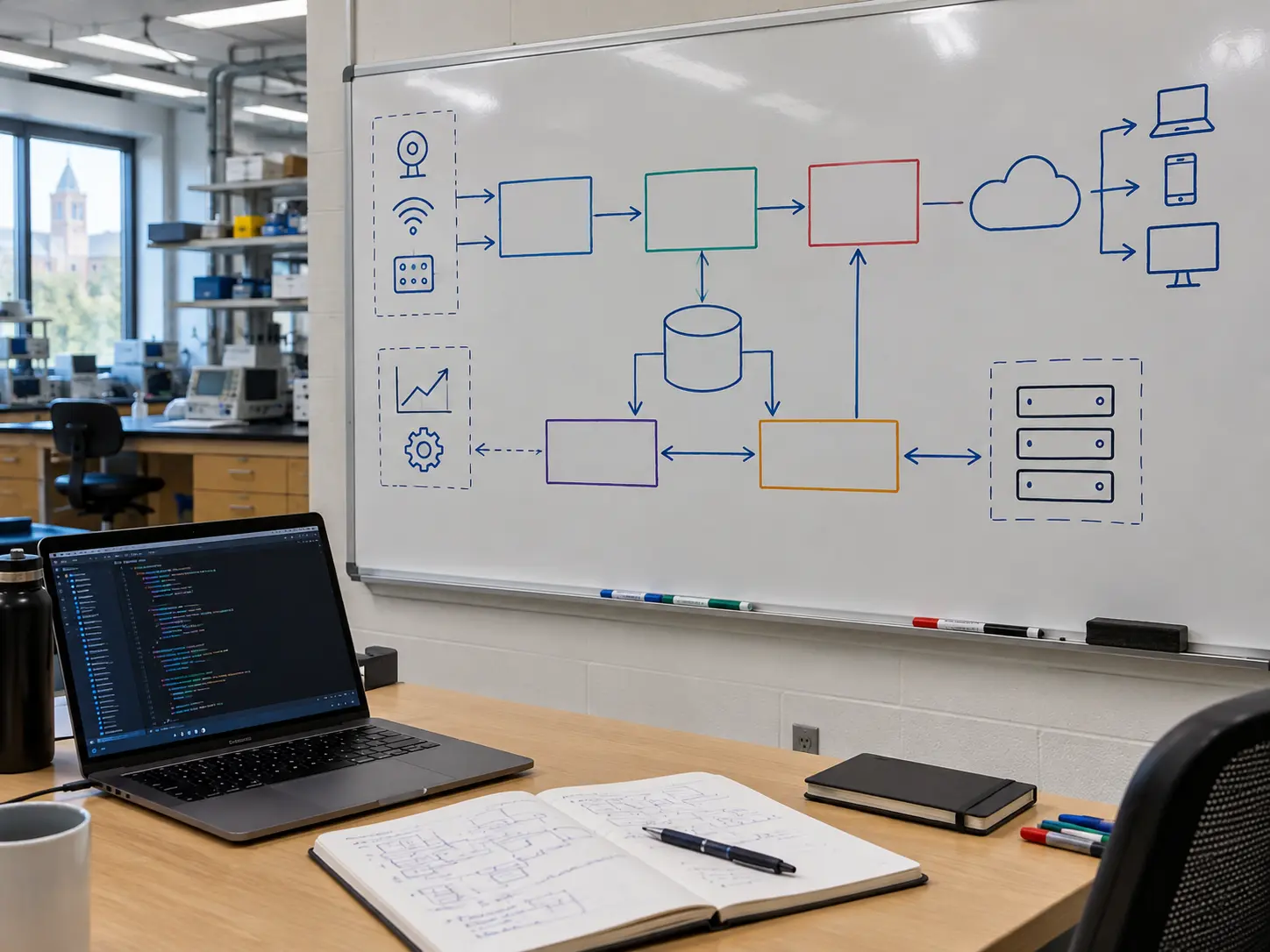 A whiteboard with a system architecture block diagram of boxes and arrows beside a desk in a university lab